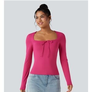 Square Neck Lace Up Long Sleeve Casual Top